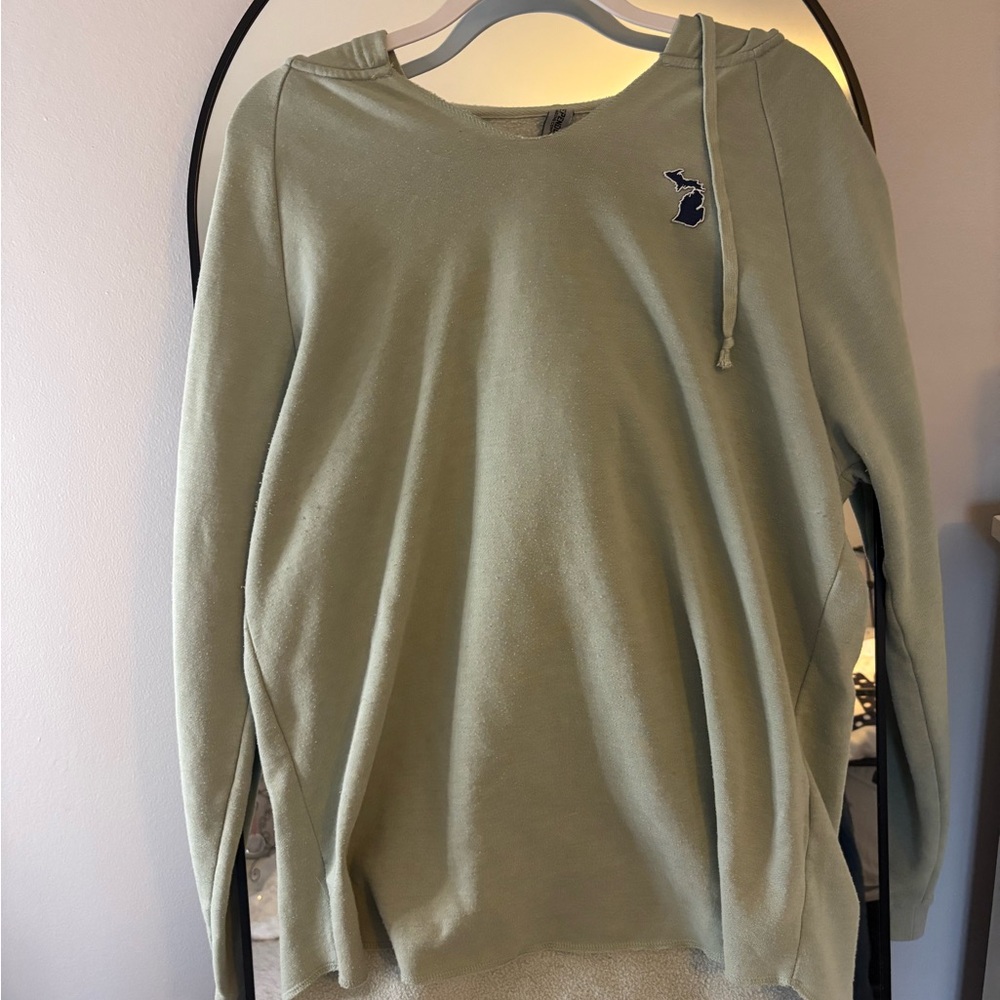 Sage green hoodie with small Michigan embroidered